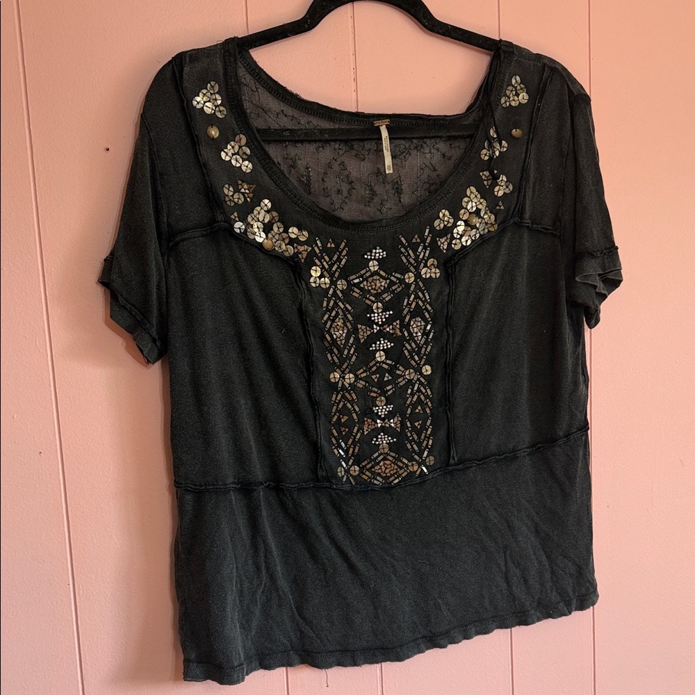 Free People Black Embellished Short Sleeve Top